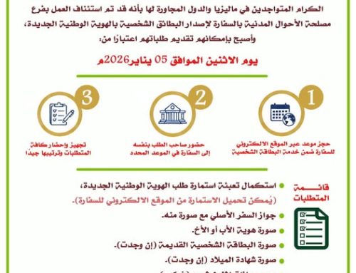 إعلان هام:  استئناف العمل بفرع مصلحة الأحوال المدنية بالسفارة لإصدار البطائق الشخصية بالهوية الوطنية الجديدة